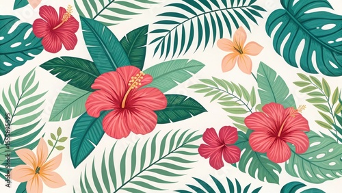 Vibrant Tropical Floral Seamless Pattern: Lush Hibiscus, Palm, and Monstera Leaves;  Summery, Cheerful, and Exotic Design;  Perfect for Textile Prints, Wallpaper, and Website Backgrounds.