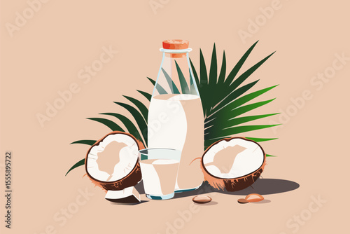 Vector illustration of coconut milk in a glass and bottle, split coconut, with palm leaves on a peach backdrop
