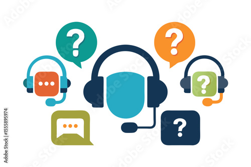 Professional Customer Support Headset Vector Illustration with Question Marks and Exclamation