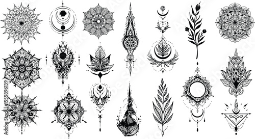 Occult Witchcraft Esoteric Mystical Celestial Symbol Collection for Bohemian Design, Spiritual Tattoo, Alchemy, and Magic - Hand, Moon, Sun, Star, Tree Vector Art.