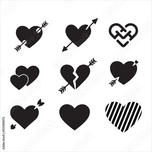 Collection of Heart Icons with Arrows, Broken Hearts, and Intricate Designs, various black silhouette heart icons, including whole hearts, broken hearts, and hearts with arrows vector art on white