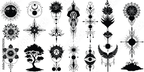 Occult Witchcraft Esoteric Mystical Celestial Symbol Collection for Bohemian Design, Spiritual Tattoo, Alchemy, and Magic - Hand, Moon, Sun, Star, Tree Vector Art.