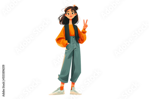 Girl raising two fingers in a peace sign on white background