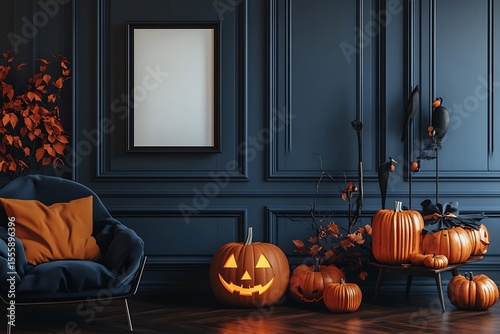 Festive Halloween display features pumpkins, crows, and autumnal colors against a stylish blue paneled wall for a warm, cozy holiday ambiance.