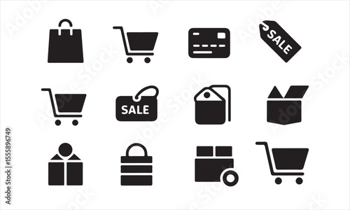 Flat Icons Representing Essential E-commerce Elements, a set of black and white flat icons, ideal for representing various e-commerce elements vector art on white