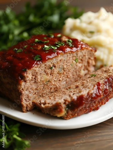 Close up of sliced meatloaf with tomato sauce and parsley garnish served with mashed potatoes and greens