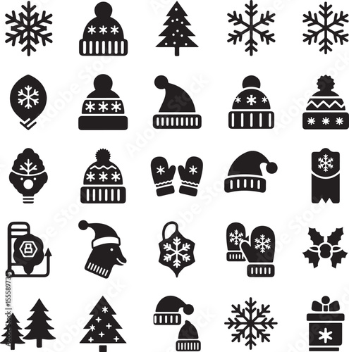 Collection of black and white winter holiday icons featuring snowflakes hats mittens Christmas trees and gifts
