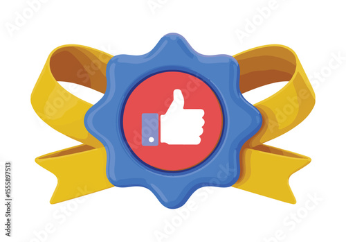 Flat icon of blue badge with red center and white thumbs up, yellow ribbon symbolizes approval, achievement, reward, and success