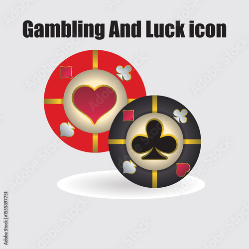 Casino chips illustrate gambling with poker suits on black and red for games of chance and luck