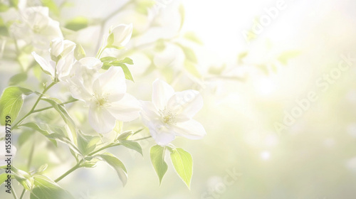 Elegant white flowers blooming against soft green foliage, illuminated by gentle sunlight, creating serene and dreamy atmosphere