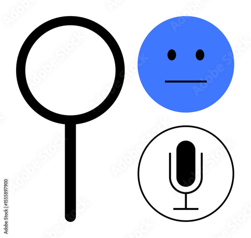 Magnifying glass, microphone, and neutral face symbols represent search, voice recognition, and emotion analysis. Ideal for technology, search engines, digital assistant, UX design AI voice