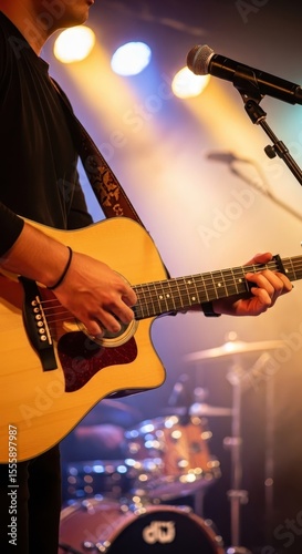 Guitar player performing with acoustic guitar on stage with microphone