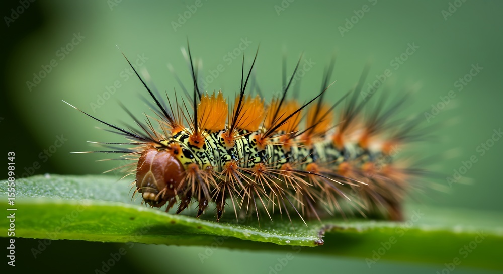 Naklejka premium Hairy Caterpillar on Leaf: Close-Up Wildlife Portrait