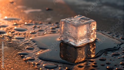 Ice cube melting on warm metal — forming puddle with sharp refractions photo