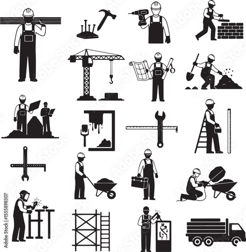 Construction workers performing various tasks with tools and equipment builder labor