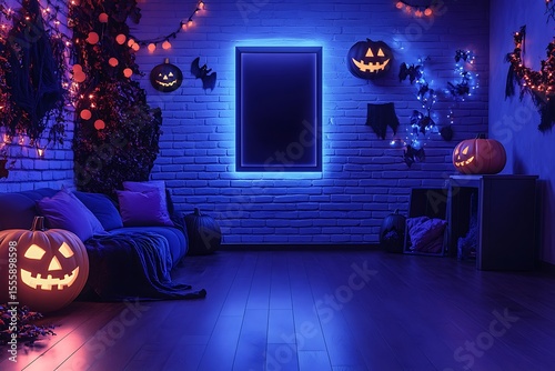 Spooky Halloween scene features jack-o'-lanterns, bats, and festive decor against a brick wall in a blue-lit room creating a holiday mood.