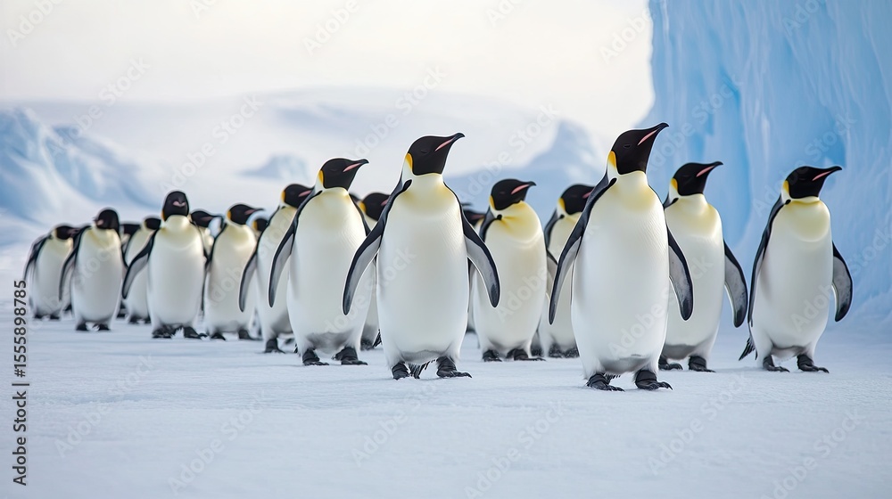 Obraz premium A colony of emperor penguins waddling across a snowy Antarctic plain