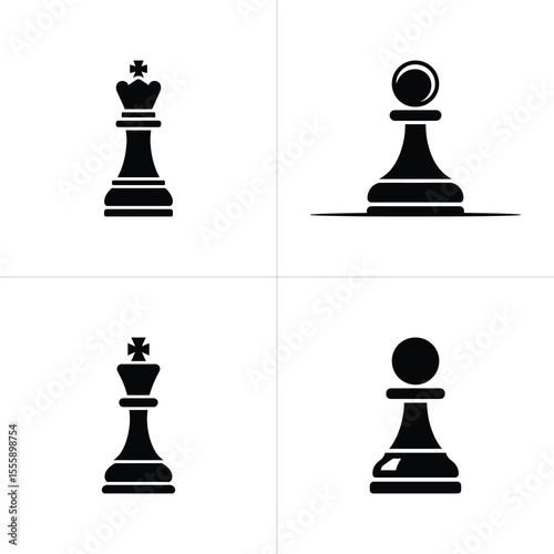 Black and White Chess Pieces King and Pawn Chessmen Illustrations on Grid Layout
