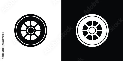 Black and White Circular Icon of a Simple Wheel with Seven Spokes