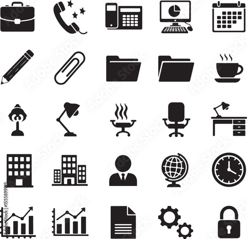 Collection of black office and business icons on a white background briefcase telephone