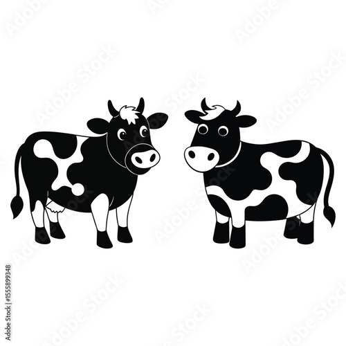 Two black and white cartoon cows with spots and horns, facing forward.