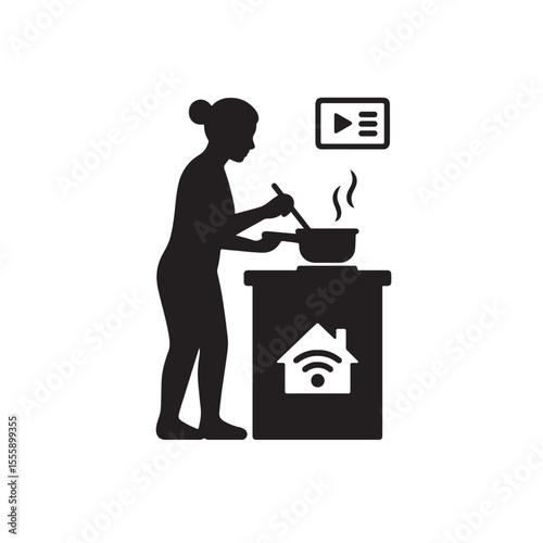 Woman Cooking with Online Recipe in Smart Kitchen Silhouette Vector