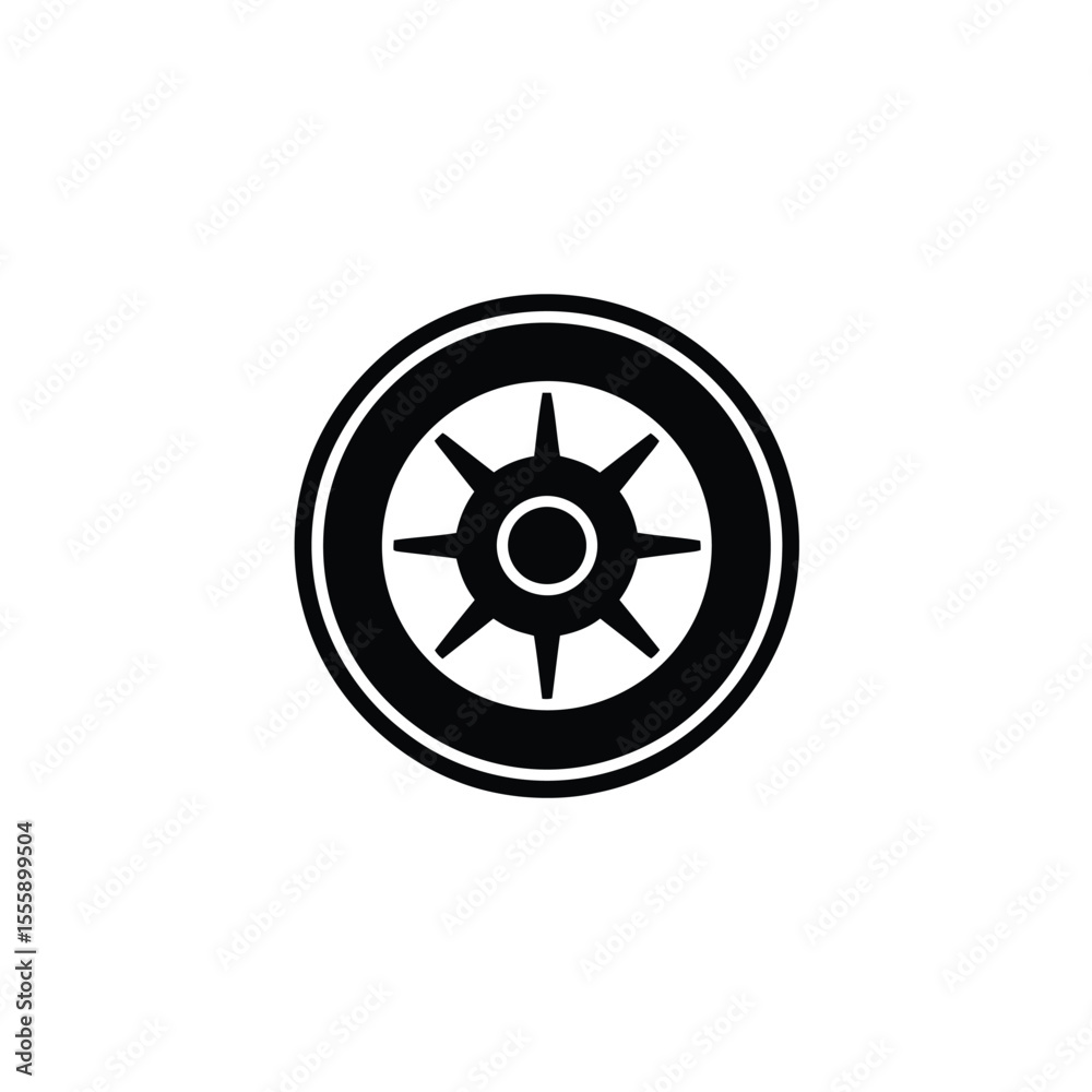 Obraz premium Black and White Illustration of a Ship's Steering Wheel or Helm Icon