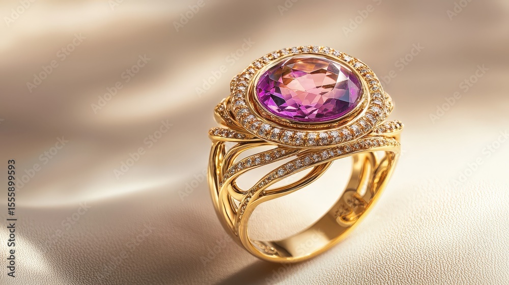 Jewelry with gemstones luxury gold ring with Rosolite on a beige background Jewelry with gemstones luxury gold ring with Rosolite on a beige background