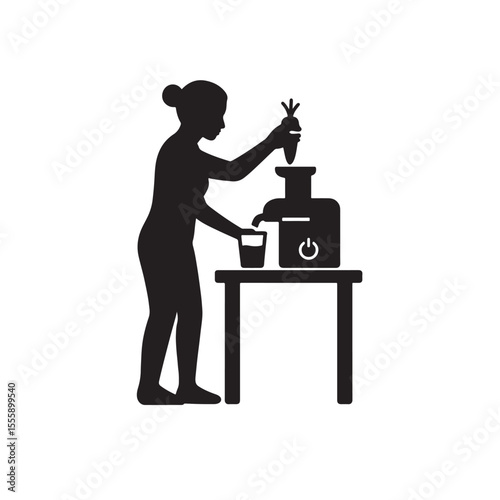 Woman Making Carrot Juice with Juicer Machine Silhouette Vector