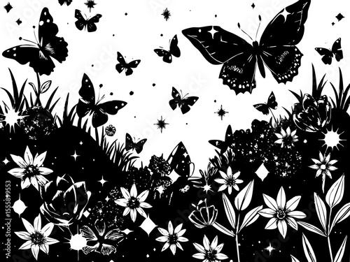 Black and White Butterfly Garden: Elegant Nature Illustration