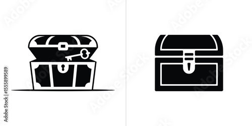 Black and White Illustration of Open Treasure Chest with Key and Closed Chest
