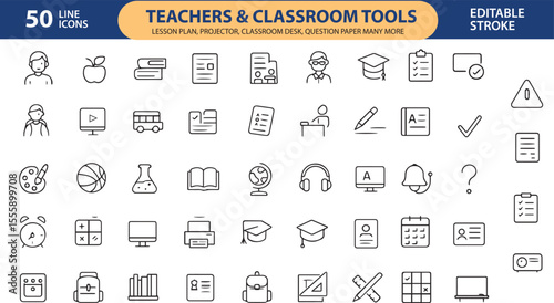 Teacher and Classroom Tools Line Icons, Blackboard, Books, Ruler, Apple, Clipboard, Chalk, Desk, Lesson Plan, and More , Editable Formats: AI, EPS, JPG, PNG , Ideal for Both Digital and Print Use

