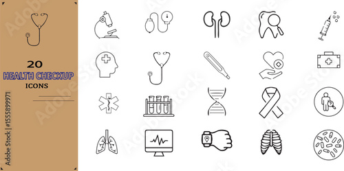Medical Health Checkup Icon Set ...Hospital, Doctor, Organs, Tests and Tools. Healthcare and Diagnostic Icons – Stethoscope, Lungs, Liver, Brain, Nurse, and More...Vector Illustration