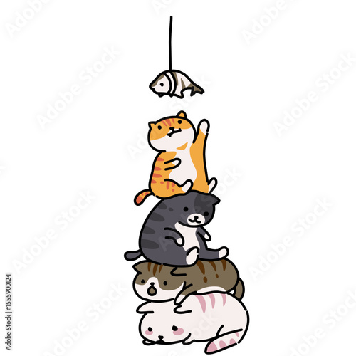 Cute Stack of Cats Reaching for Fish Illustration.