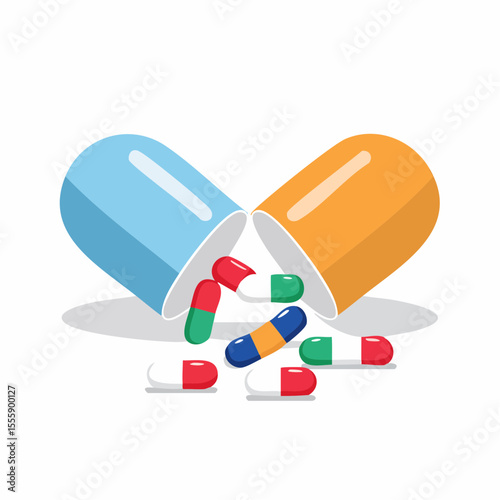 Flat vector of a pill bottle with colorful capsules spilling out