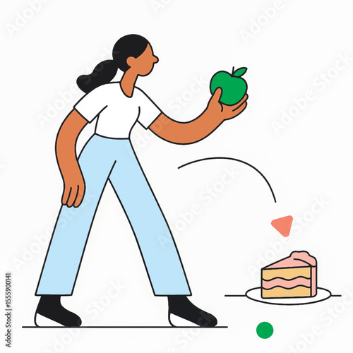 Minimalist vector illustration of a woman choosing a green apple over a slice of cake, symbolizing healthy eating choices. Clean, modern style on a white background.