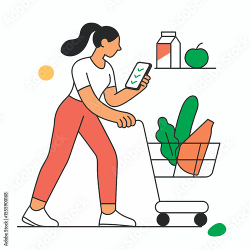 Vector illustration of a woman grocery shopping with a checklist on her smartphone. Her cart is filled with healthy vegetables, symbolizing mindful nutrition and planning.