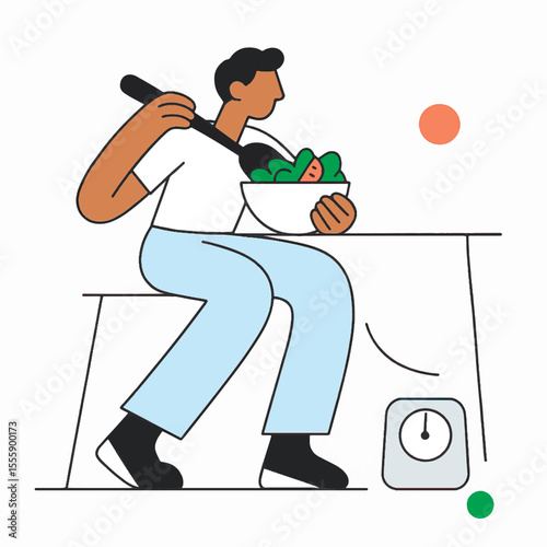 Minimalist vector illustration of a man eating a fresh salad while sitting at a table, with a scale nearby, symbolizing healthy lifestyle and mindful eating.