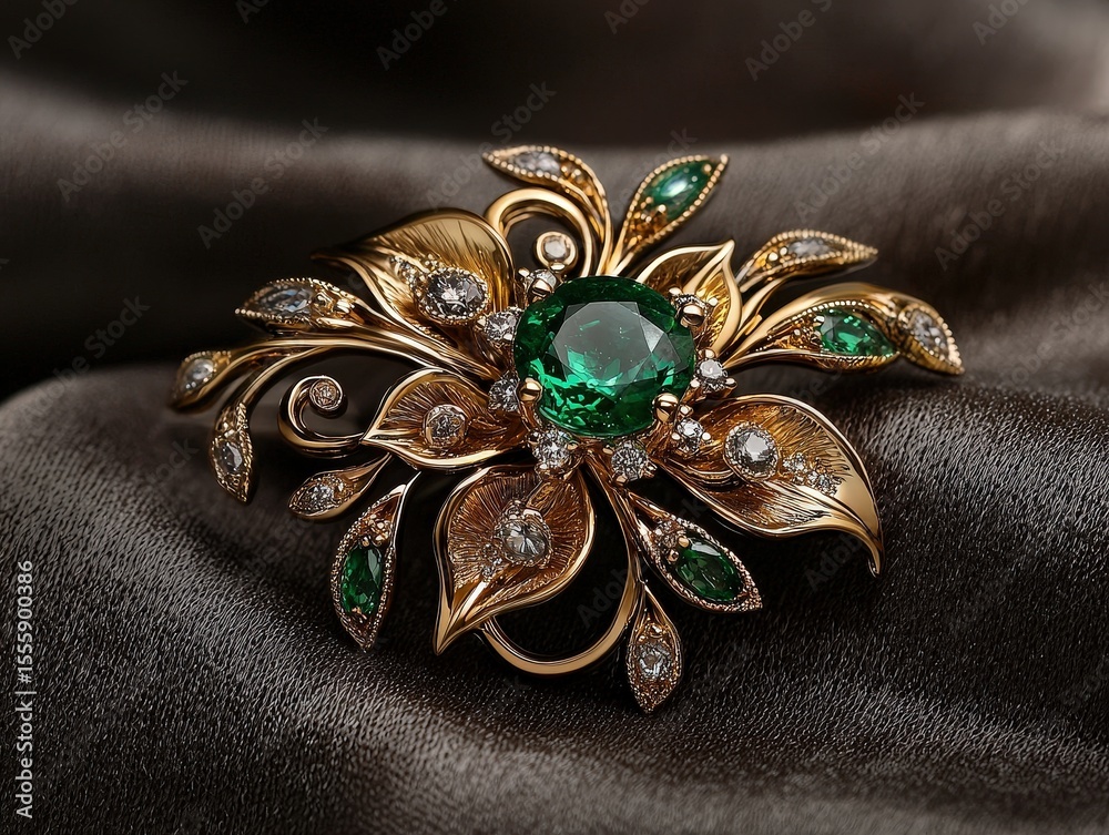 Naklejka premium Jewelry with gemstones modern brooch with Evening Emerald on a dark brown background