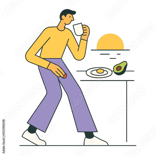 Vector illustration of a man having a healthy breakfast with avocado, egg, and a drink at sunrise. Concept of mindful eating, wellness, and morning routine.