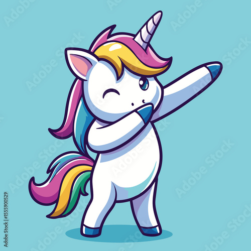 Whimsical unicorn dabbing with rainbow mane horn