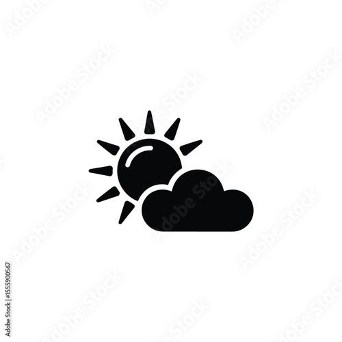 Black and White Weather Icon Sun Partially Obscured by a Cloud Illustration
