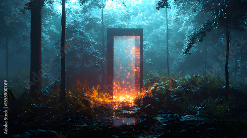 Mystical Portal in Forest: A mesmerizing scene unfolds as a captivating portal of fire and light, framed by a dark rectangular gateway, stands amidst a misty forest.