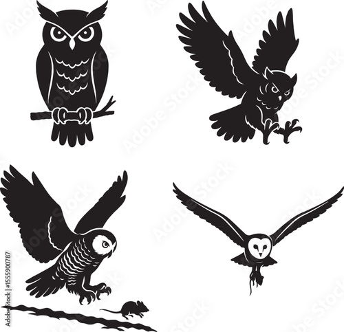 Owl Silhouette Collection – Flying, Perching, Preying, and Alert Bird Poses Vector Set, Black and White Owl Looking Sideways – Nocturnal Bird Awareness Vector,