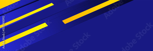 Abstract blue banner design vector, dynamic sporty horizontal background template with blue and yellow shapes for media promotion or web banner eps10