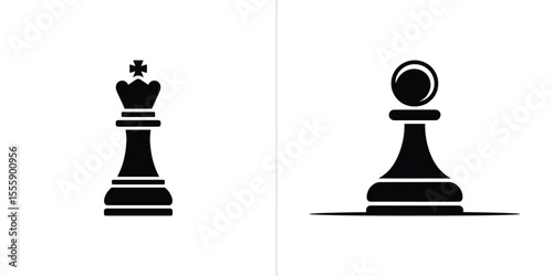 Black Chess King and Pawn Pieces on a White Background, Strategically Posed