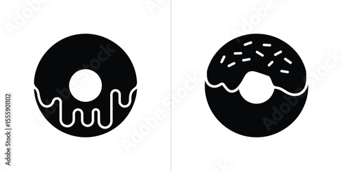 Black Doughnuts Icons with Drizzled Frosting and Sprinkles on a White Background