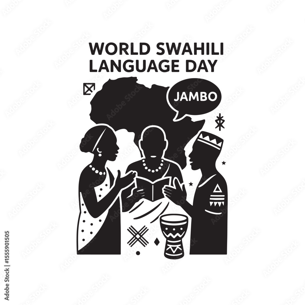 Obraz premium World Swahili Language Day Icon with African Culture Elements Vector