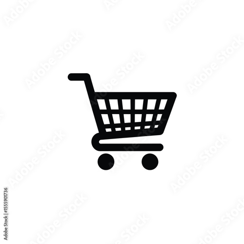 Black Shopping Cart Icon with Wheels, Basket Grid, and Handle on White Background