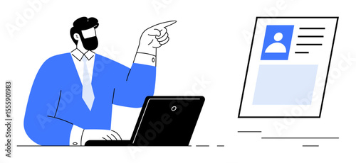 Bearded man in formal attire working on laptop while pointing at digital profile. Ideal for recruitment, job application, HR management, professional networking, online meetings, business reviews